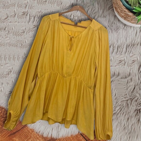 Bahamas Bohemian Tuscany Yellow Bishop Tie front Peplum Blouse- XS (looser fit) - Picture 2 of 16